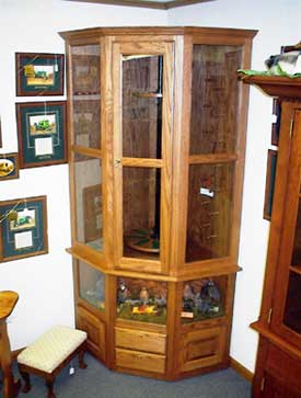 Oak Corner Gun Cabinet with Quail Display